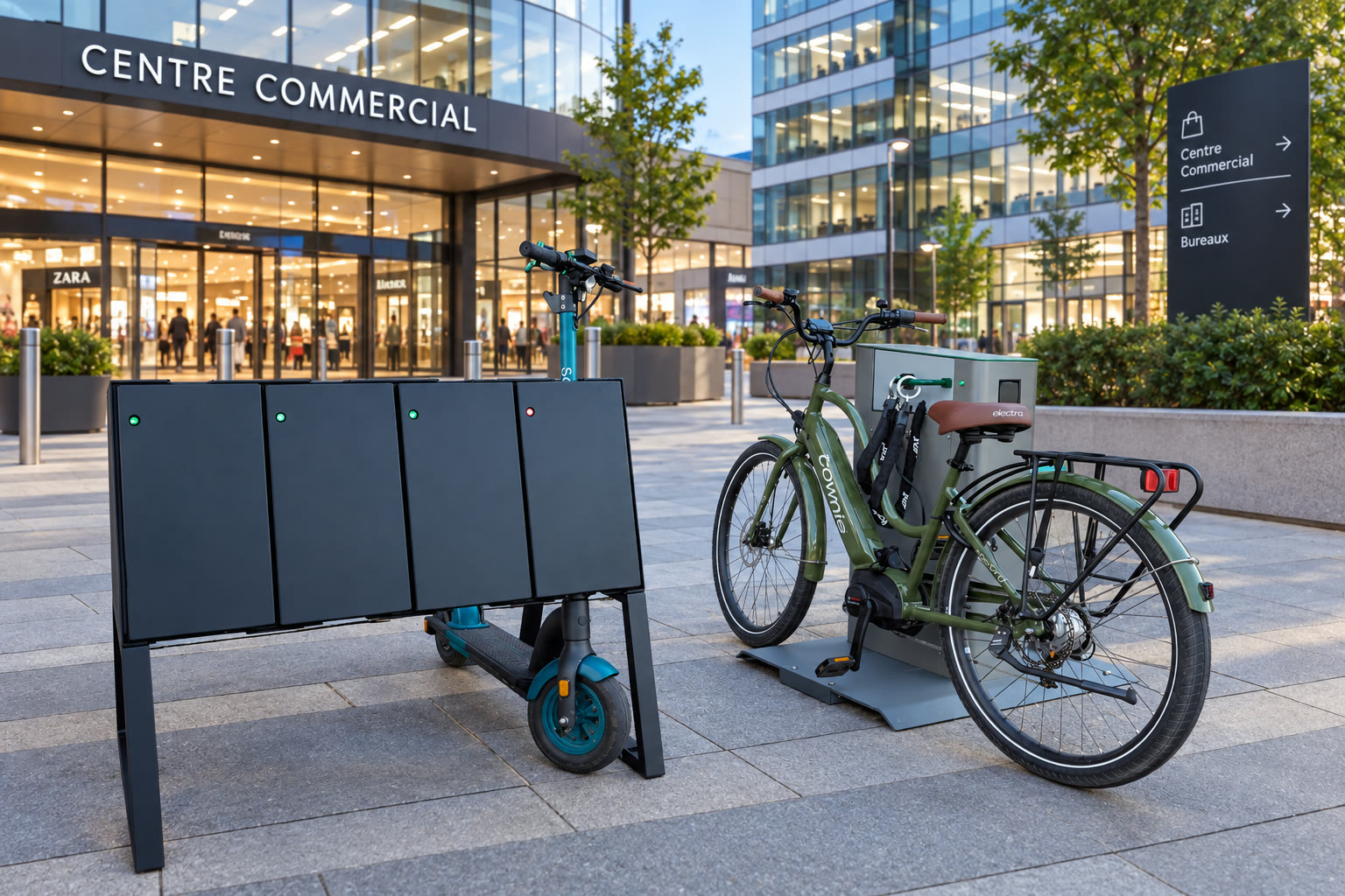Station Powerspot avec trottinette et vélo électrique devant un centre commercial